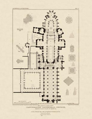 The Gothic Library : Canterbury Cathedral : John Britton : 1830 : Plate 1 : Ground Plan : Plan of Parts, etc. : Plans, Sections, Elevations : historical print
