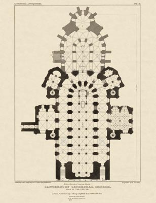 The Gothic Library : Canterbury Cathedral : John Britton : 1830 : Plate 2 : Plan of the Crypts :   : Plans, Sections, Elevations : historical print