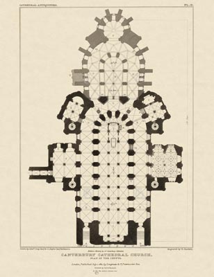 The Gothic Library : Canterbury Cathedral : John Britton : 1830 : Plate 2 : Plan of the Crypts : : Plans, Sections, Elevations : historical print