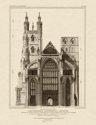 The Gothic Library : Canterbury Cathedral : John Britton : 1830 : Plate 3 : Section of Nave and Towers at the West End : With Elevation of the Two Towers : Plans, Sections, Elevations : historical print