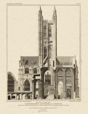 The Gothic Library : Canterbury Cathedral : John Britton : 1830 : Plate 4 : Section of S. Transept & Part of Tower : Elevation of N. Transept & Part of Tower : Plans, Sections, Elevations : historical print