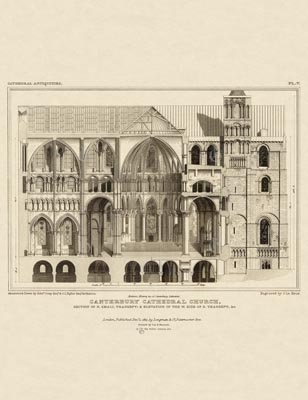 The Gothic Library : Canterbury Cathedral : John Britton : 1830 : Plate 5 : Section of N. Small Transept : & Elevation of the W. Side of the S. Transept, etc. : Plans, Sections, Elevations : historical print