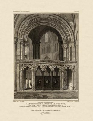 The Gothic Library : Canterbury Cathedral : John Britton : 1830 : Plate 9 : View from Anselm's Chapel : Mepham's Monument, etc. : Monuments and Tombs : historical print