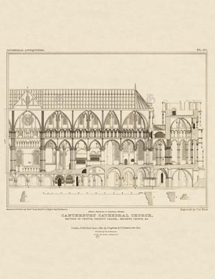 The Gothic Library : Canterbury Cathedral : John Britton : 1830 : Plate 11 : Section of Crypts, : Trinity Chapel, Becket's crown, etc : Plans, Sections, Elevations : historical print