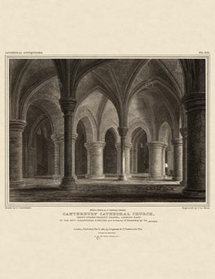 The Gothic Library : Canterbury Cathedral : John Britton : 1830 : Plate 12 : Crypt under Trinity Chapel : Looking East : The Crypt : historical print