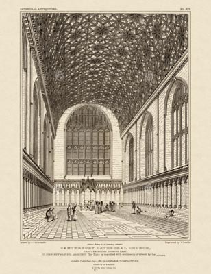 The Gothic Library : Canterbury Cathedral : John Britton : 1830 : Plate 15 : Chapter House : Looking East : The Chapter House and Cloisters : historical print