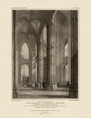 The Gothic Library : Canterbury Cathedral : John Britton : 1830 : Plate 16 : View from N. Aile of Nave : Looking S. E. : The Nave : historical print
