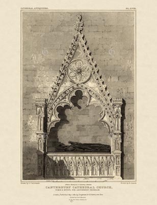 The Gothic Library : Canterbury Cathedral : John Britton : 1830 : Plate 18 : Tomb and Effigy : for Archbishop Peckham : Monuments and Tombs : historical print