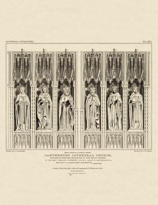 The Gothic Library : Canterbury Cathedral : John Britton : 1830 : Plate 21 : Effigies of English Monarchs : in the Organ Screen : Plans, Sections, Elevations : historical print