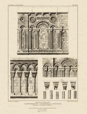 The Gothic Library : Canterbury Cathedral : John Britton : 1830 : Plate 22 : Parts of St Anselm's Tower, etc. :   : Plans, Sections, Elevations : historical print