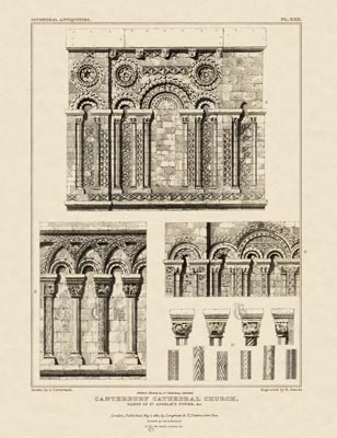 The Gothic Library : Canterbury Cathedral : John Britton : 1830 : Plate 22 : Parts of St Anselm's Tower, etc. : : Plans, Sections, Elevations : historical print