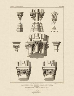 The Gothic Library : Canterbury Cathedral : John Britton : 1830 : Plate 25 : Capitals in S.E. Transept, : Choir and Nave : Plans, Sections, Elevations : historical print