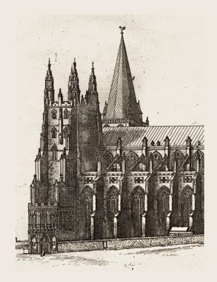 The Gothic Library : Canterbury Cathedral : William Dugdale : 1718 : Plate 4 : South Prospect : Detail : The Western Towers : historical print