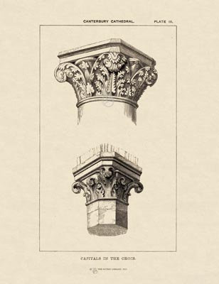 The Gothic Library : Canterbury Cathedral : Handbook : 1861 : Plate 3 : Capitals in the Choir : : The Choir : historical print