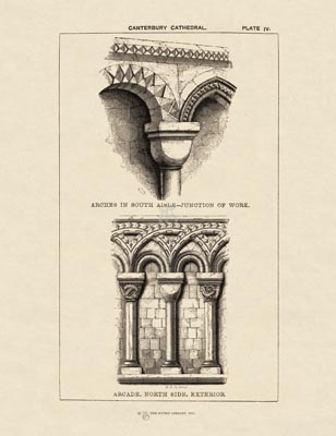 The Gothic Library : Canterbury Cathedral : Handbook : 1861 : Plate 4 : Arches in South Aisle : Arcade in North Side : The Choir : historical print