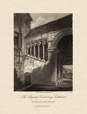 The Gothic Library : Canterbury Cathedral : James Storer : 1813 : Plate 10 : The Registry :  : The Norman Staircase : historical print