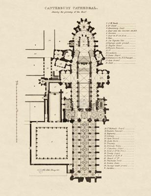 The Gothic Library : Canterbury Cathedral : James Storer : 1813 : Plan : Ground Plan :  : Plans, Sections, Elevations : historical print