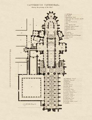 The Gothic Library : Canterbury Cathedral : James Storer : 1813 : Plan : Ground Plan : : Plans, Sections, Elevations : historical print
