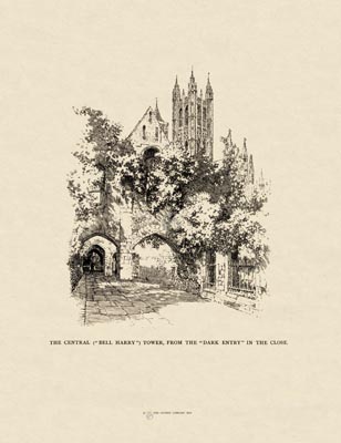 The Gothic Library : Canterbury Cathedral : Van Rensselaer : 1887 : Page 46 : The Central Tower : from the Close : The Central Tower : historical print
