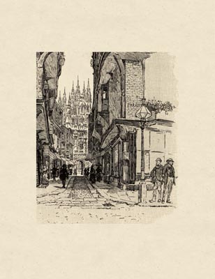 The Gothic Library : Canterbury Cathedral : Van Rensselaer : 1887 : Page 26 : Mercery Lane : Detail : People of Canterbury : historical print