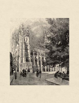 The Gothic Library : Canterbury Cathedral : Van Rensselaer : 1887 : Page 33 : View from Christ's Church Gateway : Detail : People of Canterbury : historical print