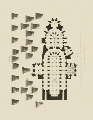The Gothic Library : Canterbury Cathedral : Charles Wild : 1807 : Plate 14 : Crypt Plan : : Plans, Sections, Elevations : historical print