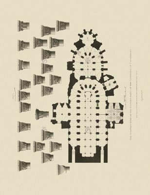 The Gothic Library : Canterbury Cathedral : Charles Wild : 1807 : Plate 14 : Crypt Plan :  : Plans, Sections, Elevations : historical print