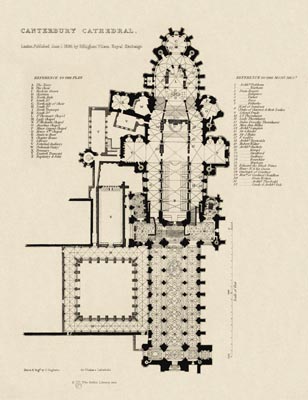 The Gothic Library : Canterbury Cathedral : Henry Winkles : 1836 : Plate 16 : Ground Plan : : Plans, Sections, Elevations : historical print