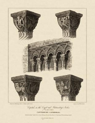 The Gothic Library : Canterbury Cathedral : William Woolnoth : 1816 : Plate 14 : Capitals in the Crypt : : The Crypt : historical print
