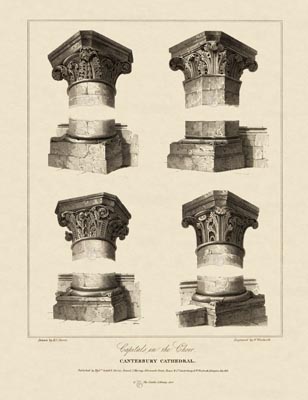 The Gothic Library : Canterbury Cathedral : William Woolnoth : 1816 : Plate 15 : Capitals in the Choir : : The Choir : historical print