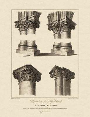 The Gothic Library : Canterbury Cathedral : William Woolnoth : 1816 : Plate 17 : Capitals in the Lady Chapel : : The Trinity Chapel : historical print